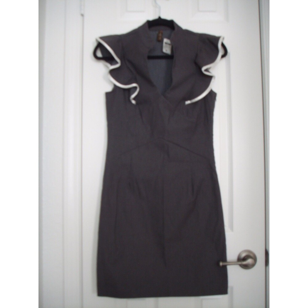 Lovely Day Keyhole Decollete Bodycon Dress Grey Ruffle Sleeves Contrast Trim S 2